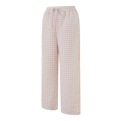 Women's Summer Casual Pants Plaid Drawstring High Waist Straight Leg Trousers3