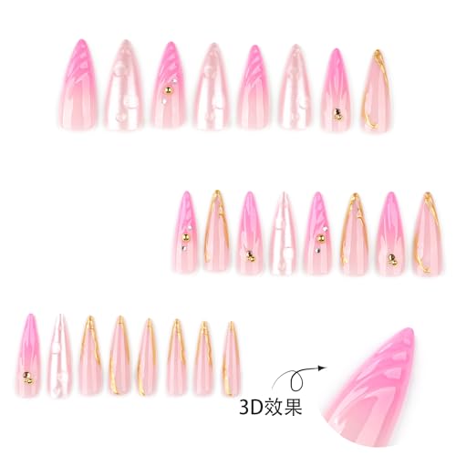 Image of Pink Press on Nails Long Stiletto Fake Nails Ombre Glue on Nails with Gold Design Glossy False Nails Reusable Artificial Acrylic Full Cover 3D Ocean Shell Stick on Nails for Women Manicure 24Pcs