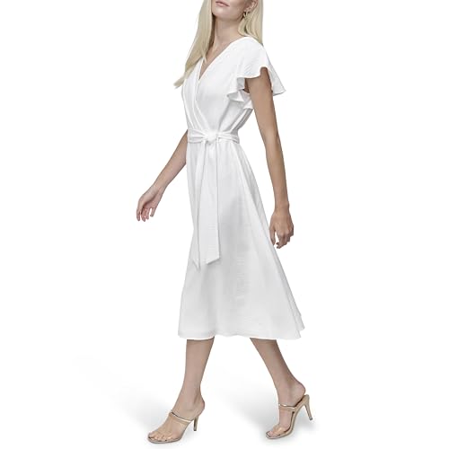 Image of DKNY Women's Flutter Sleeve Tie Fit & Flare Midi Dress