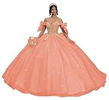 Uiykhr Lovely Sleeve Sweetheart Quinceanera Dresses with Train 15 Dresses for Women Layered XV Dress Applique Glitter Sequin Tulle Vestido de 15 años Size 2 Coral