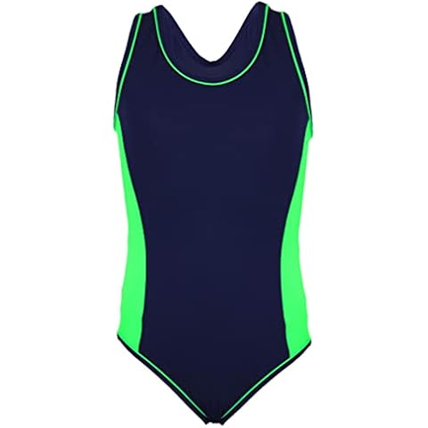 Aquarti Girls' One Piece Swimsuit with Contrast Piping, Dark Blue/Green, 152 Cover