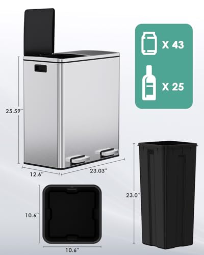 AthLike 60L(16 Gal ) Dual Trash Can, Stainless Steel Kitchen Garbage Can, Double Compartment Classified Rubbish Bin, Recycle Dustbin w/Plastic Inner Buckets, Handle, Soft-Close Lid, Airtight (Silver)