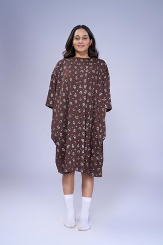 Image of LAMA STORE Women's Printed Oversized T-Shirt Dress, Cotton, 3 /4 Sleeve Length, Casual Loose Fit, Comfort Wear Extra Comfy Oversized Printed Pocket T-Shirt Dress