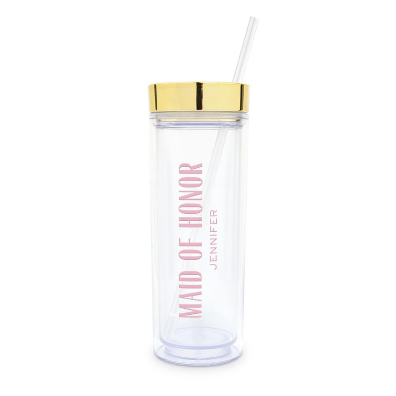 WEDDINGSTAR Reusable Water Bottle 16 Ounce – Customizable Eco-Friendly Plastic – 100% BPA-Free Personalized Transparent Party Cup with Straw – Gold –