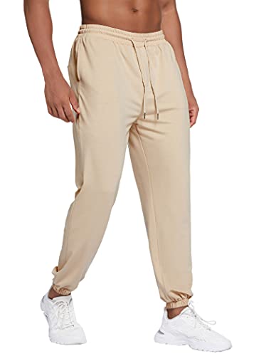 Deyeek Men's Lounge Sweatpants Elastic Waist Baggy Running Sweat Pants Cotton Cuffed Bottom Tapered Gym Joggers with Pockets Khaki