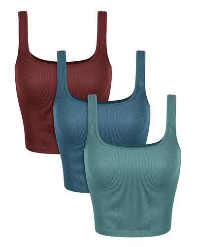 Image of ODODOS 3-Pack Seamless Square Neck Crop Tank for Women Ribbed Knit Soft Low Back Cropped Tops