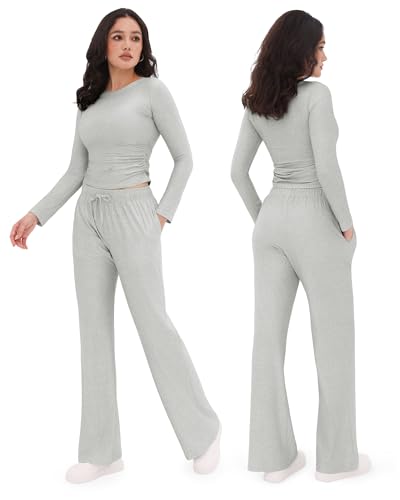 Image of ZOOSIXX Lounge Sets for Women - 2 Piece Outfits Crop Tops with Fold Over Flare Leggings Fall Loungewear Fitted Pajama