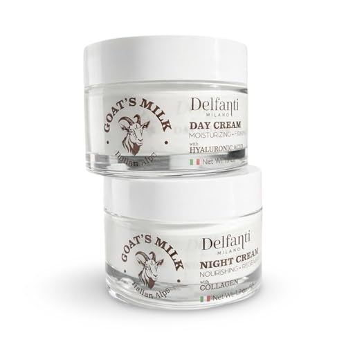 Delfanti-Milano FULL SIZE DUO PACK GOATS MILK with HYALURONIC ACID Day Cream and GOATS MILK with COLLAGEN Night Cream Face and Neck Moisturizer 2 x 1.7 oz jars Made in Italy