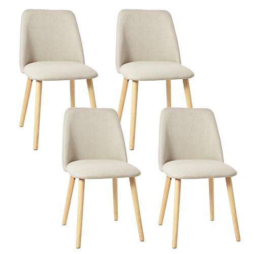 Goeurvant Lot de 4 Chaises de Salle à Manger Beige avec Pieds en Bois, Chaise Cuisine Rembourrée en Lin, Chaise Fauteuil pour Salle à Manger Salon Cuisine Bureau