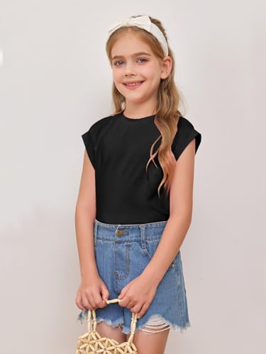 Image of Haloumoning Girls Cap Sleeve Tops Summer Crewneck Tank Tops Cute T-Shirt Blouse 5-14 Years
