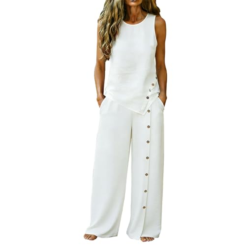 Linen Sets for Women 2 Piece Linen Sets for Women 2 Piece Cotton Asymmetric Hem Tank Top Wide Leg Pants with Pockets Loose Fit Outfits Vacation Capsule Wardrobe White