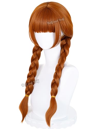 Image of Half and Half Long Orange Brown Braided Wig with Bangs for Women 27.5'' Copper Brown Twin Braids Wigs Pigtail Wig Hair for Halloween Party Costumes