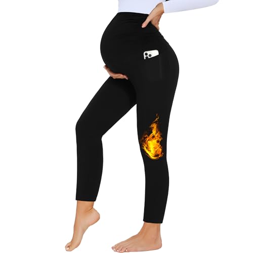 HIPOWER Leggings de maternité thermiques pour femmes Taille haute Chaudes Leggings de grossesse Vêtements de maternité Hiver Leggings de maternité pour la grossesse et le yoga, Noir , L