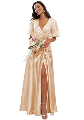 OFEECHUN Women's V Neck Satin Bridesmaid Dresses with Sleeves Sli...