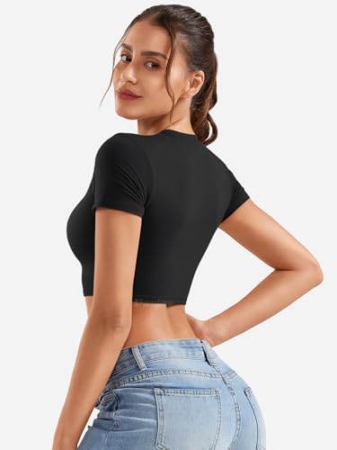 VOYJOY Womens Double Lined Fitted Short Sleeve Crop Tops Crew Neck Casual Workout T Shirts Cute Basic Tee4