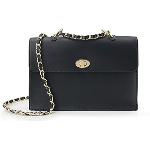 Hoxis Women's Chain Shoulder Handbag with Turn Lock Minimalist Flap Top Cross Body Bag Purse, black, Medium Cover