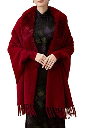 Rungion Women's Knitted Fur Collar Fringe Shawl Cardigan Cape Winter Thick Warm Coat Wedding Poncho Wrap with Sleeves