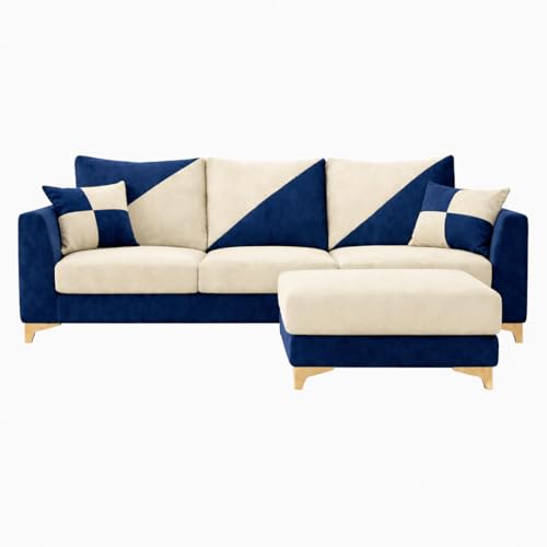 Image of Juliet 4 Seater L Shape Sofa Set with Movable Ottomans | Flexible Layout | Rich Velvet Suede Fabric | Silver Legs | Dual Tone Modern Sofa for Living Room (Dark Blue-Cream)