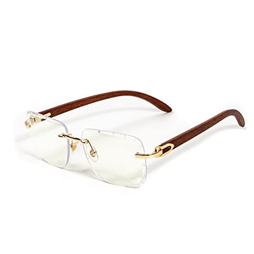 Street Knitted Men's Rimless Woodgrain Vintage Hip Hop Gold Frame Gem Cut Clear Lens Glasses3