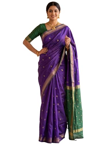 Image of AKHILAM Women's Pure Soft Spun Cotton Lichi Silk Saree For Women With Attach Unstitch Blouse Piece