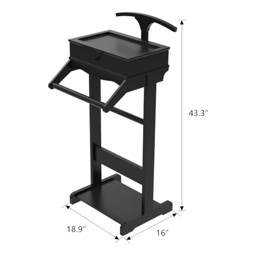 Image of Suit Valet Stand for Men, Wooden Clothes Rack with Drawer, Black