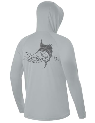 Image of FISHEAL Men's UPF 50+ Sun Protection Fishing Hoodie, Long Sleeve UV Shirts with Mask, Quick Dry Hooded for Outdoor Beach