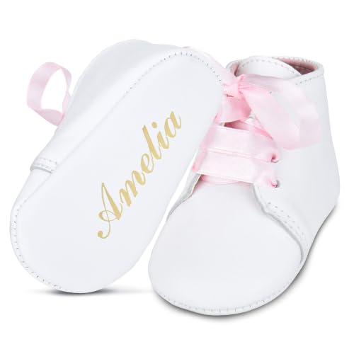 BabyShoe Personalized Baby Shoes | Christening & Baptism Shoes for Baby Boys and Girls | Soft Leather Gift with Name & Birth Date | 3–9 Months - Pink Ribbon