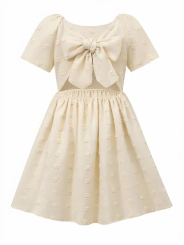 Image of HILEELANG Girls Summer Dress Bow Tie Back A-Line Party Dress for Little Big Girls Short Sleeve Dress with Lining 6-12 Years