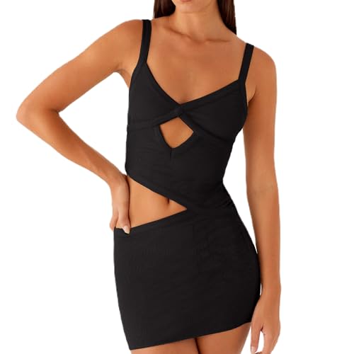 Image of Women Sexy Cutout Mini Dress Spaghetti Strap Backless V-Neck Patchwork Bodycon Short Dress Party Cocktail