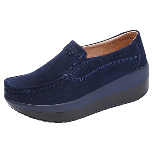 rismart Mujeres Piel de Ante Zapatillas de Cuña Zapatos de Plataforma Slip on Mocasines Azul Marino, 37 EU