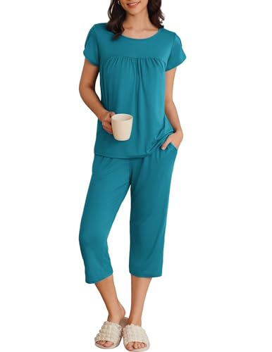 Image of Ekouaer Women's Capri Pajama Set Short Sleeve Mumu Pjs Pleated Top Capri Pants with Pockets Sleepwear Lounge Set