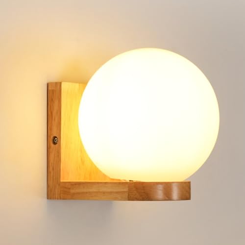 Mckalen Wandlampe Innen Holz, Modern E27 Wandleuchte mit Kugel Glas Lampenschirm, Weiß Wandbeleuchtung Holz für Schlafzimmer Flur Wohnzimmer Esszimmer Küche Treppenhaus (Ohne Glühbirne)