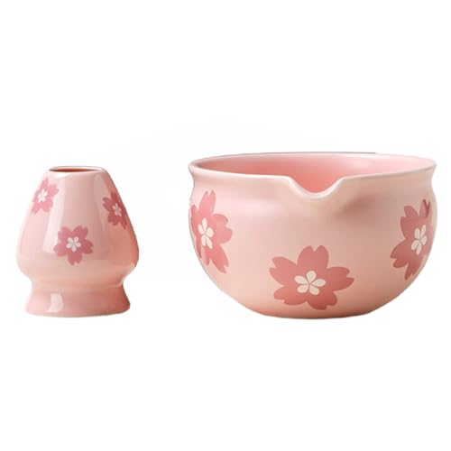 Bosiyrggrl 2 Tradicionales Japoneses para Matcha y Soporte para Batidor, para Mesa, Ceremonia del Té, Regalo de Fiesta, Flores Rosas.