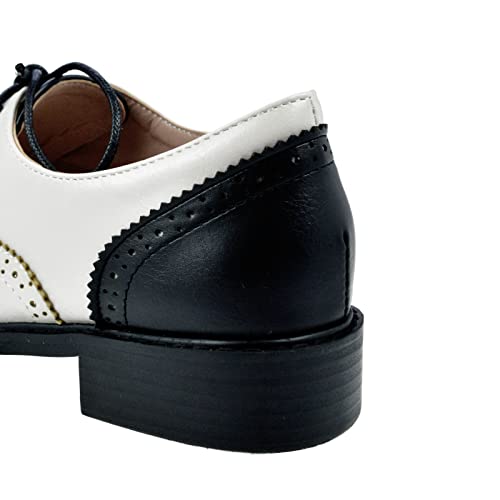 Pivapam Womens Oxfords Black And White Wingtip Chunky Heeled Patent Leather Vintage Brogue Lace Up Two Tone Saddle Shoes #TOP7