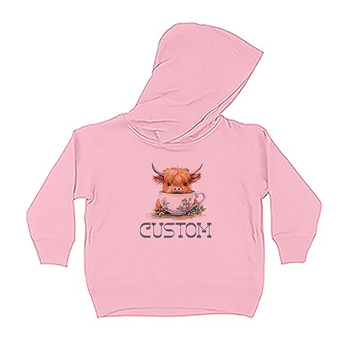 Highland Cow Custom Name Personalized Kids Hoodie Sweatshirt Toddler 2T Light Pink