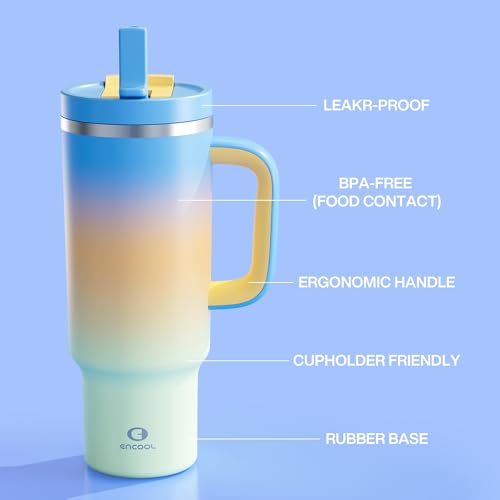 Image of ENCOOL 40 oz Tumbler with Handle and Straw: Stainless Steel Insulated Tumbler Keeps Cold for 24 Hours, Leakproof Travel Cup Fits in Cup Holder and BPA-Free, Sunny Breeze