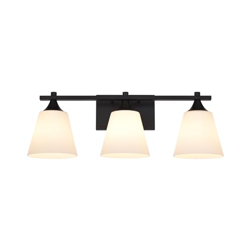 Image of Black Bathroom Vanity Light Fixtures, 3 Lights Traditional Vanity Lighting Fixture with Opal Glass Shade, Porch Wall Mount Light Fixture for Bathroom, Mirror Cabinets Hallway Stairs, Matte Black