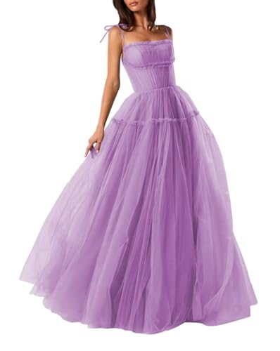 Women's Spaghetti Straps Prom Dress Tulle Long Formal Evening Party Gowns A-Line Backless Bridesmaid Dress