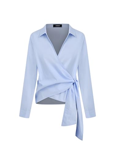 CIDER Womens Blouse Tie Waist V Neck Long Sleeve Blouse Solid Knot Work Office Shirts for Women Blouses