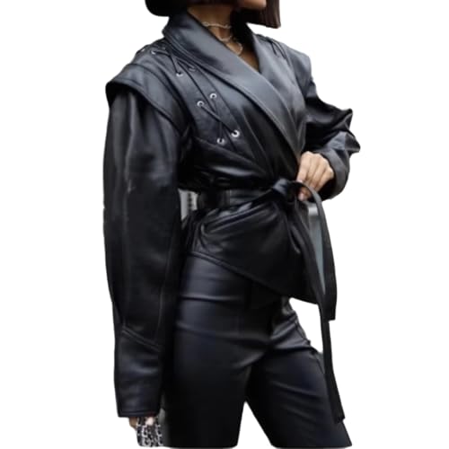 THLAI Womens PU Leather Retro Jacket Long Sleeve Collar Waistband Jacket Casual Coat