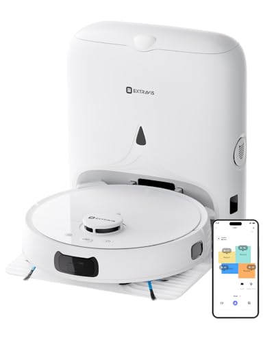 EXTRAVIS V5 Robot Vacuum and Mop, Self-Emptying Robotic Vacuum Cleaner, 8500Pa Suction, Pet Hair Tangle Cutter, Laser Navigation, Cat Laser, Carpet Detection, Ideal for Hard Floor, Tile, and Carpet