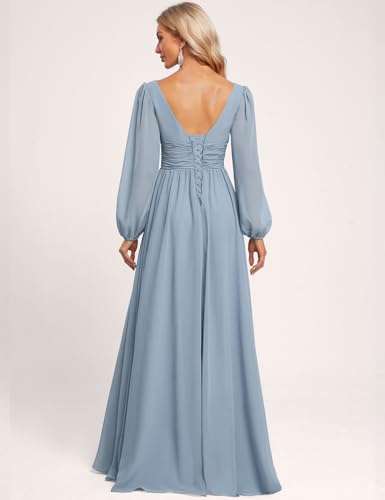 Women's Long Sleeve Bridesmaid Dresses for Women Chiffon V Neck Evening Formal Gown with Slit 2025 Winter2