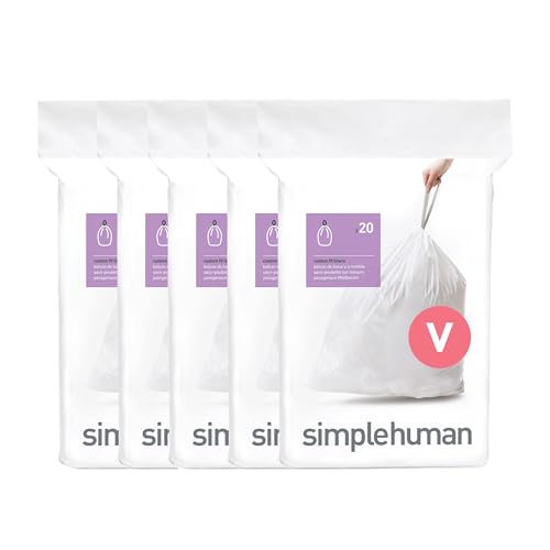 simplehuman Code V 100 Count Custom Fit Liners Drawstring Kitchen Trash Bags One-by-One Mess-Free Dispense Extra Thick & Double Seamed 50% PCR Plastic 16-18 Liter / 4.2-4.8 Gallon White