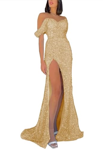 ALEESHUO Gorgeous Shiny Formal Dress Mermaid Off-Shoulder Prom Gown Sleeveless Evening Gown High Split Floor Length