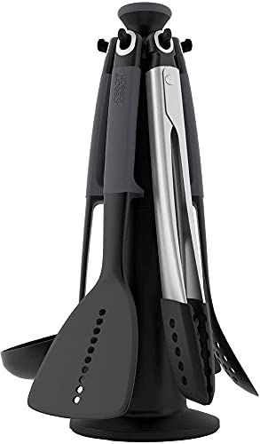 Joseph Joseph Elevate Küchenhelfer-Set, 6-teilig mit drehbarem Ständer, ergonomische Silikongriffe, antihaftbeschichtete Köpfe – Grau
