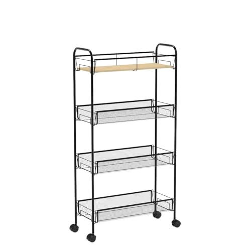 KINGRACK-4-Tier-Slim-Rolling-CartMetal-Utility-CartSlide-Out-Storage-Cart-with-Wooden-Tabletop-and-Mesh-Baskets-for-Narrow-Space-on-Kitchen-Bathroom-Laundry-Room-Bedroom-Apartments-Dormitory-Black KINGRACK 4 Tier Slim Rolling CartMetal Utility CartSlide Out Storage Cart with Wooden Tabletop and Mesh Baskets for Narrow Space on Kitchen Bathroom Laundry Room Bedroom Apartments Dormitory Black