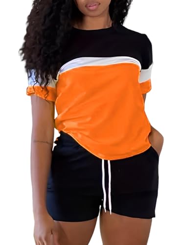 LovelyWholesale Neon Two Piece Outfit for Casual 2 Piece Tracksuit with Neon Shirt and Black Shorts Set