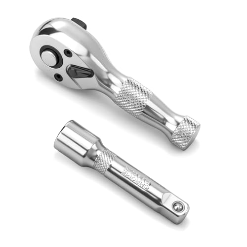 WRANIX Stubby 3/8 Drive Ratchet Wrench 90T Mini Ratchet Quick-Release Reversible with Cr-Mo Head and 3 Extension Bar for Tight Spaces