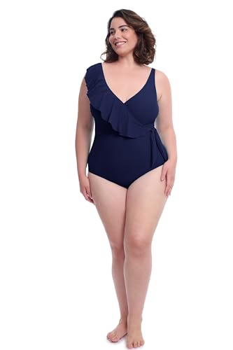 Profile by Gottex Womens Plus Size V-Neck One Piece Swimsuit with Asymmetrical Ruffle Surplice, Soft Cups,Tummy Control