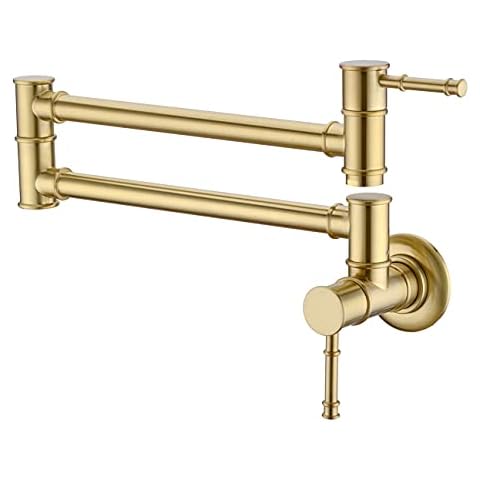 GICASA Pot Filler Faucet Wall Mounted, Double Joint Swing Arm Single Hole Pot Filler Faucet Brushed Gold, Two Handles Brass Folding Stretchable Kitchen Faucet Pot Filler Cover